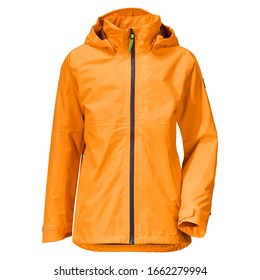 Orange Stylish Rain Jacket Isolated on White Background. Waterproof Coat with Detachable Hood & Adjusted Cuffs Front View. Warm Outwear Cotton Windproof Fabric. Best Outdoor Clothing for Hiking Travel - Shutterstock ID 1662279994
