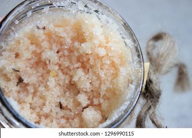 Orange Sugar Scrub Bath Salt In Glass Jar Closeup