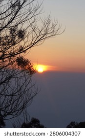Orange sun setting behind bare tree branches against a blue and orange sky
