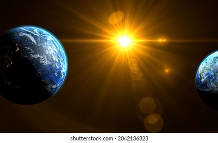 Orange sunrise on the  two earth rotate in space with star in universe. World realistic atmosphere 3D volumetric clouds texture surface.  Elements of this image are furnished by NASA - Powered by Shutterstock - Get 15% off with code: PIKWIZARD15