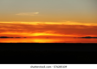 Orange Sunset On Antelope Island, Syracuse, Utah