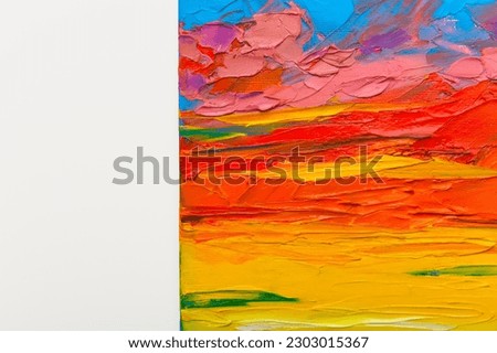 Orange sunset in the sky painting. Bright clouds in the sky impasto oil.
