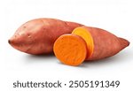 orange sweet potato yam - Ipomoea batatas - a large, starchy, sweet tasting tuberous root used as an edible vegetable. isolated on white background with copy space. served with butter and brown sugar