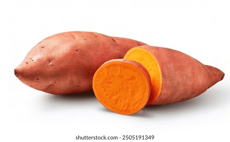 orange sweet potato yam - Ipomoea batatas - a large, starchy, sweet tasting tuberous root used as an edible vegetable. isolated on white background with copy space. served with butter and brown sugar