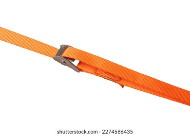 Orange synthetic nylon fastening belt with ratchet straps for securing transport on white background