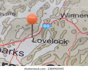Orange tack on map of Lovelock, Nevada. This city is the county seat of Pershing County, NV.
