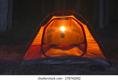 Orange Tent In The Forest At Night