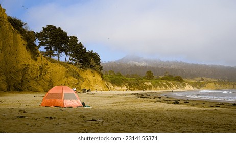 Orange tent on the beach surrounded by the costal cliffs. - Shutterstock ID 2314155371