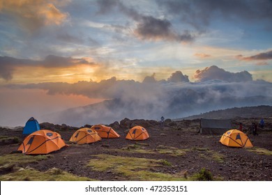 Orange tents on Kilimanjaro