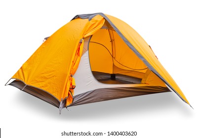 Orange tourist tent with open canopy isolated on white background - Shutterstock ID 1400403620