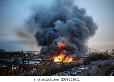 Orange toxic smoke from flames or fires of warehouses and industrial building. Burning house or adjacent area requiring the arrival of fire and rescue personnel due to fire safety violations.