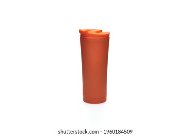 Orange Travel Mug Isolated On White Background. Reusable Coffee Cup To Go. Thermos Stainless Steel Bottle With Slide Lock Lid. Mug And Tumbler Thermos Flask. Mug Mockup For Cold And Hot Drinks