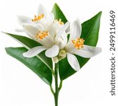 Orange tree flowers bunch closeup isolated on white. Neroli blossom. White citrus tree bloom