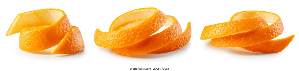 Orange twisted peel isolated. Orange fruit zest on white background. Citrus zest. Orange collection isolated. Set with clipping path. Full depth of field. Not AI orange fruit, real photo.