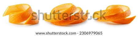 Orange twisted peel isolated. Orange fruit zest on white background. Citrus zest. Orange collection isolated. Set with clipping path. Full depth of field. Not AI orange fruit, real photo.