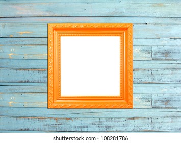 Orange Vintage Picture Frame, Wood Plated, Blue Wood Background, Clipping Path Included