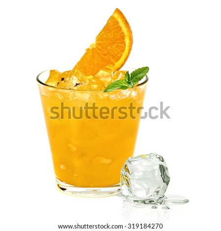 Orange vodka with ice cubes isolated on white background