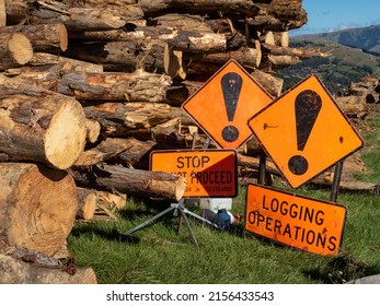 Orange warning signs at the entrance to a logging site warn people to proceed with caution. Heavy machinery working and stacked logs pose a danger to people's safety on site.