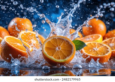 Orange in the water splash on blue background - Powered by Shutterstock