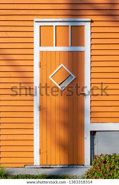 Orange Wooden Door White Trim Screen Stock Photo Edit Now