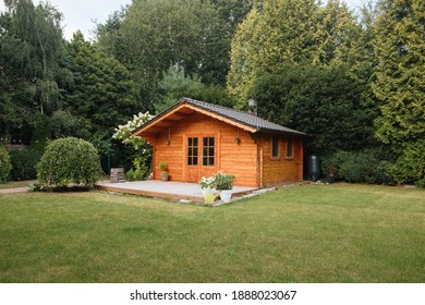 Orange wooden hut in the garden with many tall trees. Garden shed with lawn in front of him
