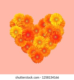 Orange and yellow gerbera flowers arranged in a heart shape on pink pastel background - Powered by Shutterstock