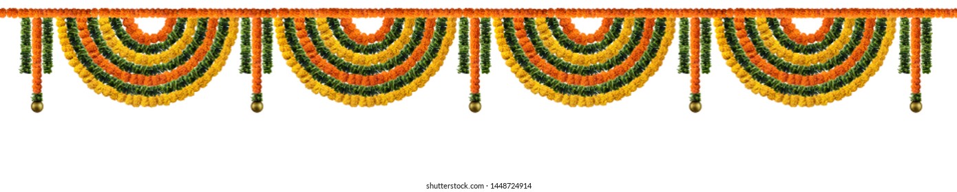 Orange And Yellow Marigold Flower And Green Leaf Garland Decoration For Indian Festival, Indian Festive Decoration, Toran