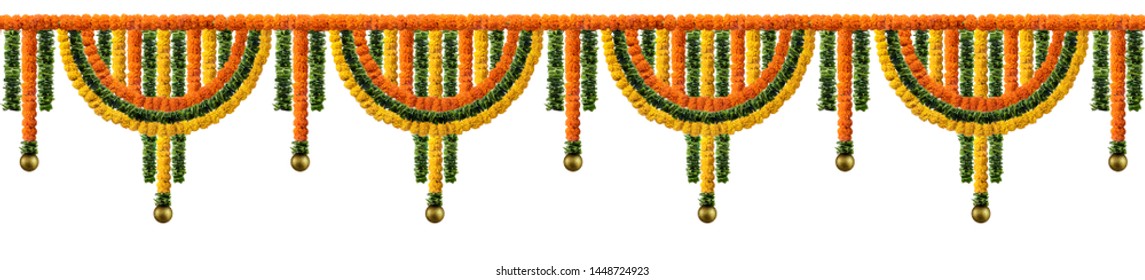 Orange And Yellow Marigold Flower And Green Leaf Garland Decoration For Indian Festival, Indian Festive Decoration, Toran