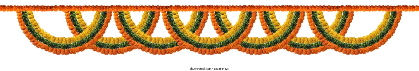 Orange And Yellow Marigold Flower And Green Leaf Garland Decoration For Indian Festival, Indian Festive Decoration, Toran