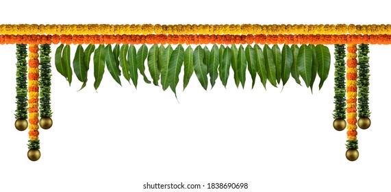 Orange And Yellow Marigold Flower And Mango Leaf Garland Decoration For Indian Festival