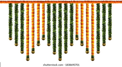 Orange And Yellow Marigold Flower And Mango Leaf Garland Decoration For Indian Festival