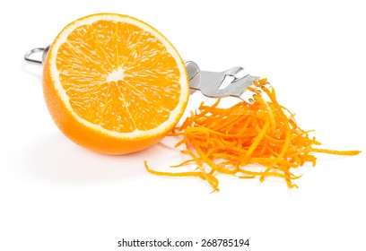 Orange Zest, Fruit, With Zester Isolated On A White Background.