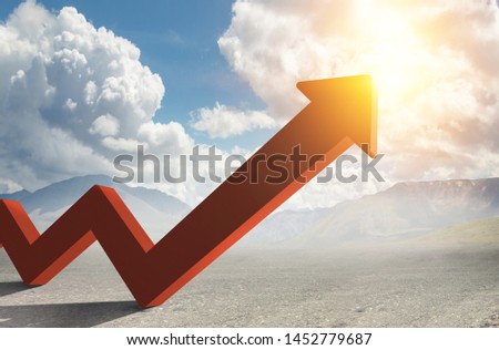 Orange zigzag increasing arrow on mountain landscape background