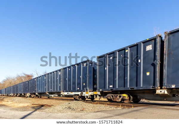 Orangeburg, NY / United States - Nov. 26, 2019:\
Landscape view of a freight\
train