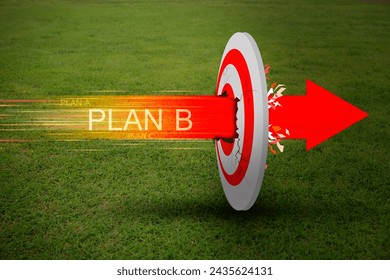 An orange-red arrow hitting the target with a Plan B strategy, set against a green grass background, symbolizing precision and strategic success.