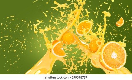 Oranges in juice splash over green and yellow background