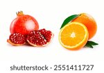 Oranges are juicy citrus fruits with bright orange skin and sweet-tart flesh, rich in vitamin C and antioxidants. Pomegranates are round, red fruits filled with ruby-red arils, anti-inflammatory food