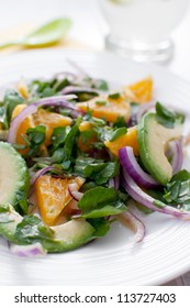 Oranges, Watercress, Red Onion And Avocado Salad Close-up