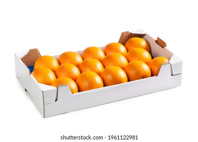 Oranges in White Cardboard Box – Smooth Navel Oranges Arranged, Ordered in Fruit Market Carton Box – Detailed Close-Up Macro, Isolated on White Background 