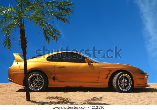 Orange-Yellow Sport Car on Gold Sand under Palm,\
Beautiful Life