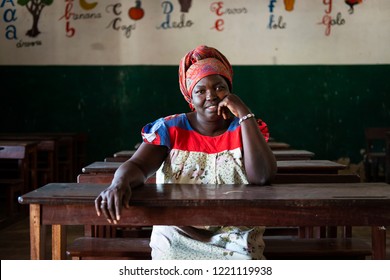 Orango Island, Guinea-Bissau - February 3, 2018: Portrait of a school teacher inside the classroom in the village of Eticoga in the island of Orango.