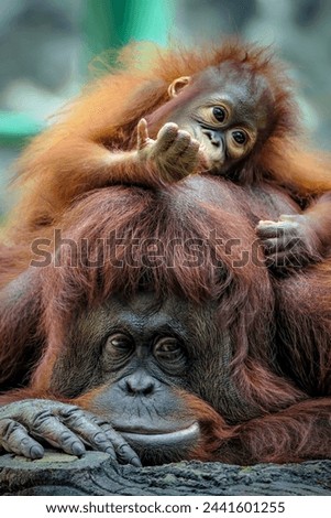 Orangutan baby and mom cute two animals