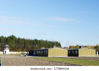 Oranienburg/Germany-Nov 3, 2016:Sachsenhausen Grounds-the Main Concentration Camp For Berlin - Used 1936-1945. Several Prisoner Barracks, Outlines Of Those Torn Down, A Guard Tower And Camp Wall Seen.