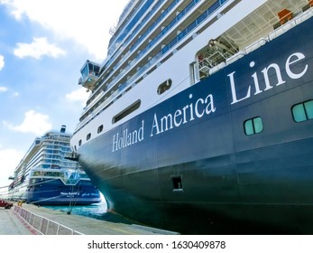 Oranjestad, Aruba - December 4, 2019: The Cruise Ship Holland America Cruise Ship Eurodam Docked At Aruba Island.