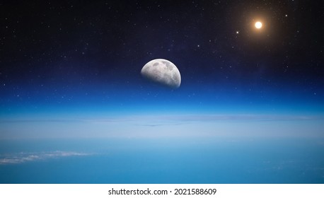 Orbit Of Earth Planet. Moon And Sun On Horizon. Atmosphere Of Earth. Border Of Outer Space. Blue Sky. Elements Of This Image Furnished By NASA