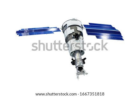 Orbital artificial earth satellite with blue solar panels on sides surface probing isolated on white background