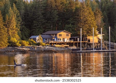 An orca surfaces near a rustic waterfront cabin at sunset, surrounded by calm waters and dense evergreen forest, creating a tranquil wilderness scene. - Powered by Shutterstock