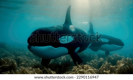 Orcas killer whales underwater in dark night sea