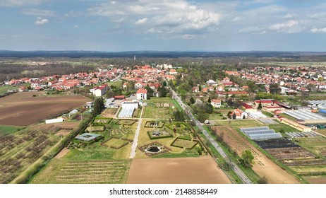 Orchard Lednice Mendel University Plum Cherry Trees Prunus Domestica Faculty Horticulture Village Bloomed Spring Garden Drone Aerial Above Blooming Farm Bio Organic Farming Orchard White Bloom