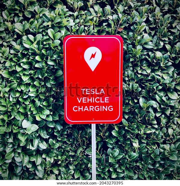 Orchard, Singapore -July 26,2021 -\
Electric cars have become increasingly popular since the\
introduction of Tesla, now there are many charging\
stations,